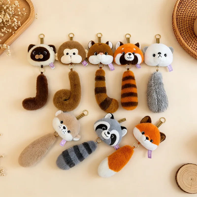 Zoo-Style Panda & Raccoon Plush Keychain Set – Cute Stuffed Animal Charms, Bag Hanger & Earphone Pendant Gift for Kids